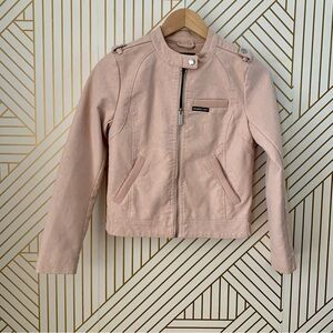 Members Only blush vegan leather bomber jacket zipper front snap button neckline
